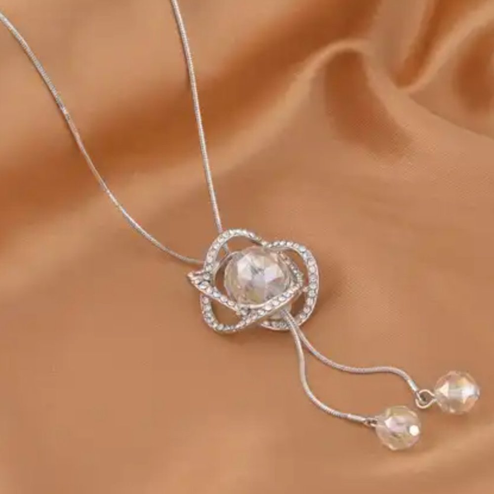Austrian Crystal and White Aurora Borealis Glass Necklace 18-36 Inches in Silver